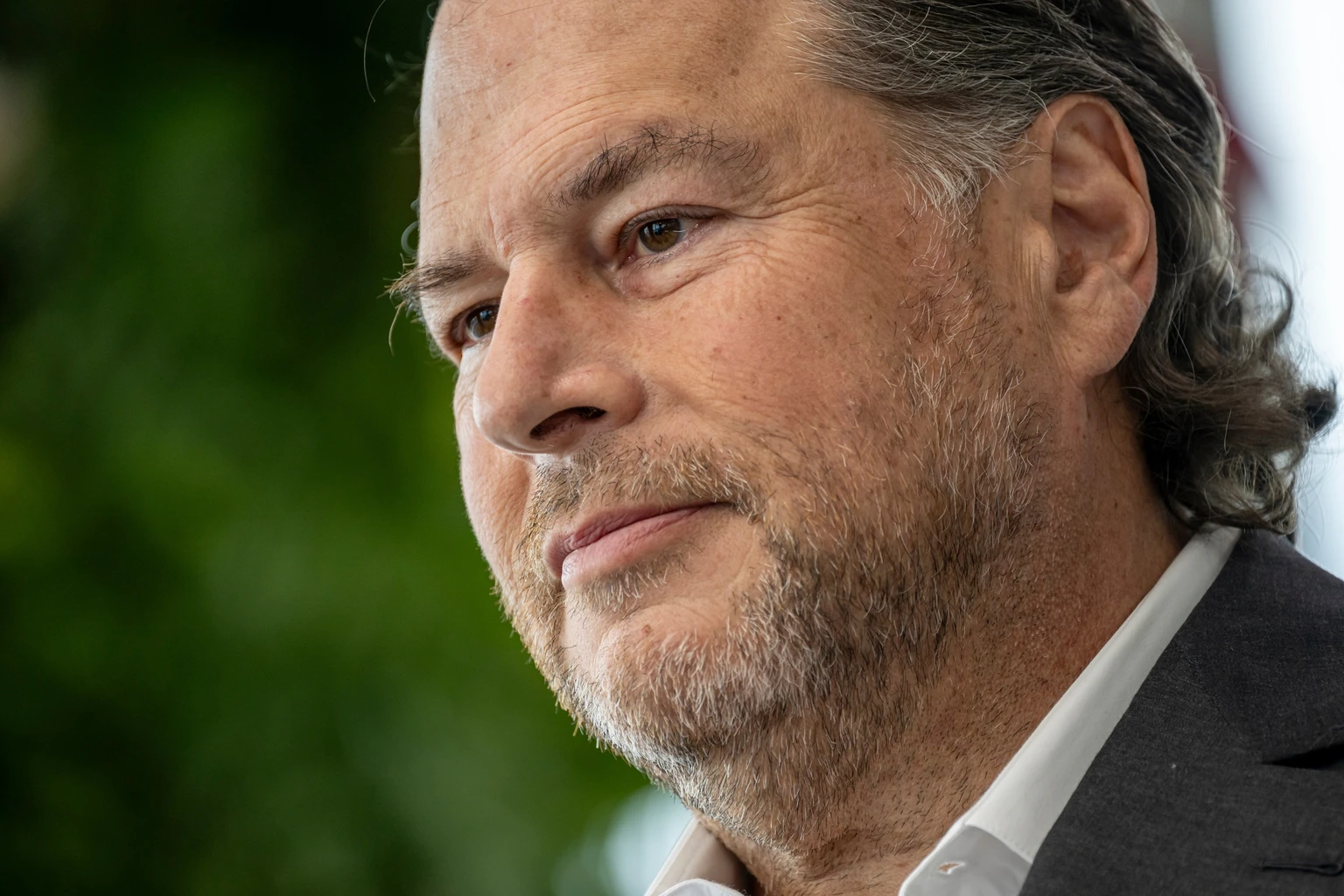 Marc Benioff, chief executive officer of Salesforce Inc., during an interview on "The Circuit with Emily Chang" in San Francisco, California, US, on Friday, April 25, 2025. Benioff said his company's newly introduced artificial intelligence software is a complete package for business customers seeking to take advantage of the emerging technology. Photographer: David Paul Morris/Bloomberg via Getty Images