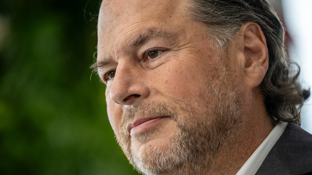 Marc Benioff, chief executive officer of Salesforce Inc., during an interview on "The Circuit with Emily Chang" in San Francisco, California, US, on Friday, April 25, 2025. Benioff said his company's newly introduced artificial intelligence software is a complete package for business customers seeking to take advantage of the emerging technology. Photographer: David Paul Morris/Bloomberg via Getty Images