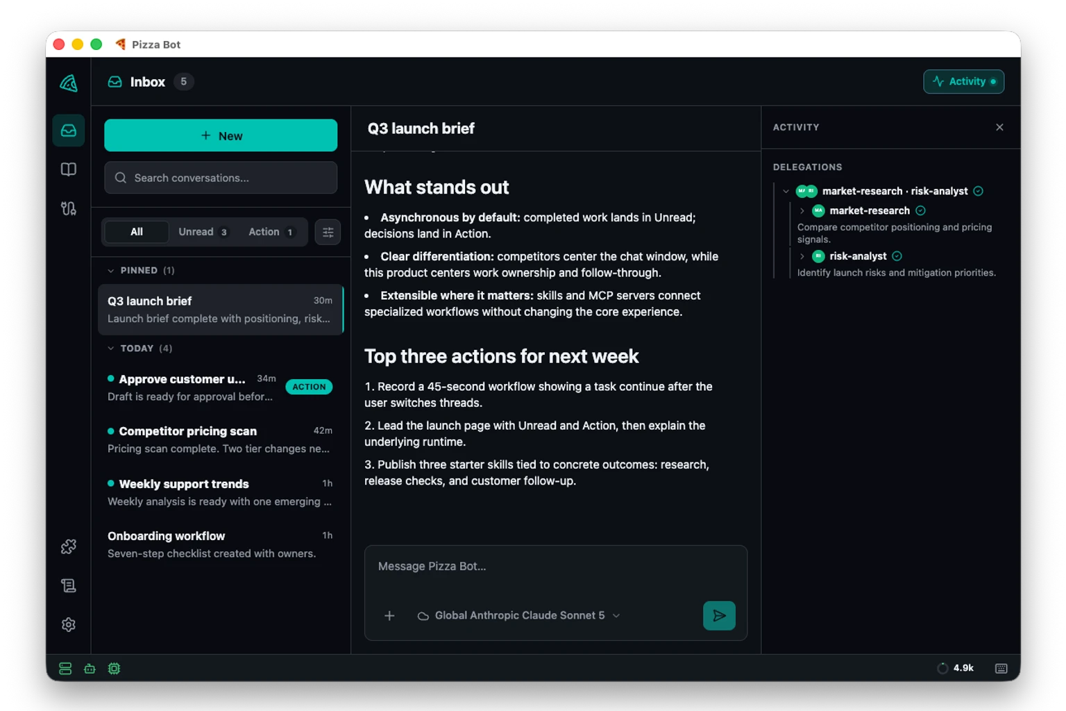 Pizza Bot inbox showing unread work, an approval request, a completed launch brief, and delegated agent activity